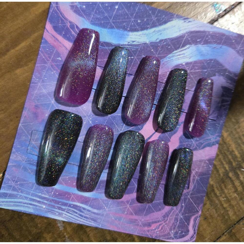 Handmade galaxy cats eye coffin shaped press on nails custom made